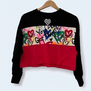 Girls Justice cropped tee color block black and pink/ SZ Small 7/8